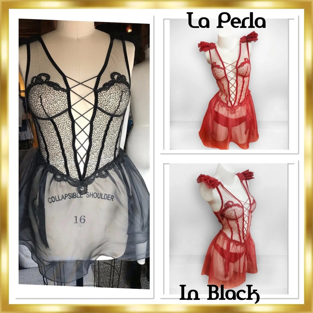 $1245 La Perla Marchesa Luxury Silk Eyelet Babydoll Black Slip Chemise RARE NWT